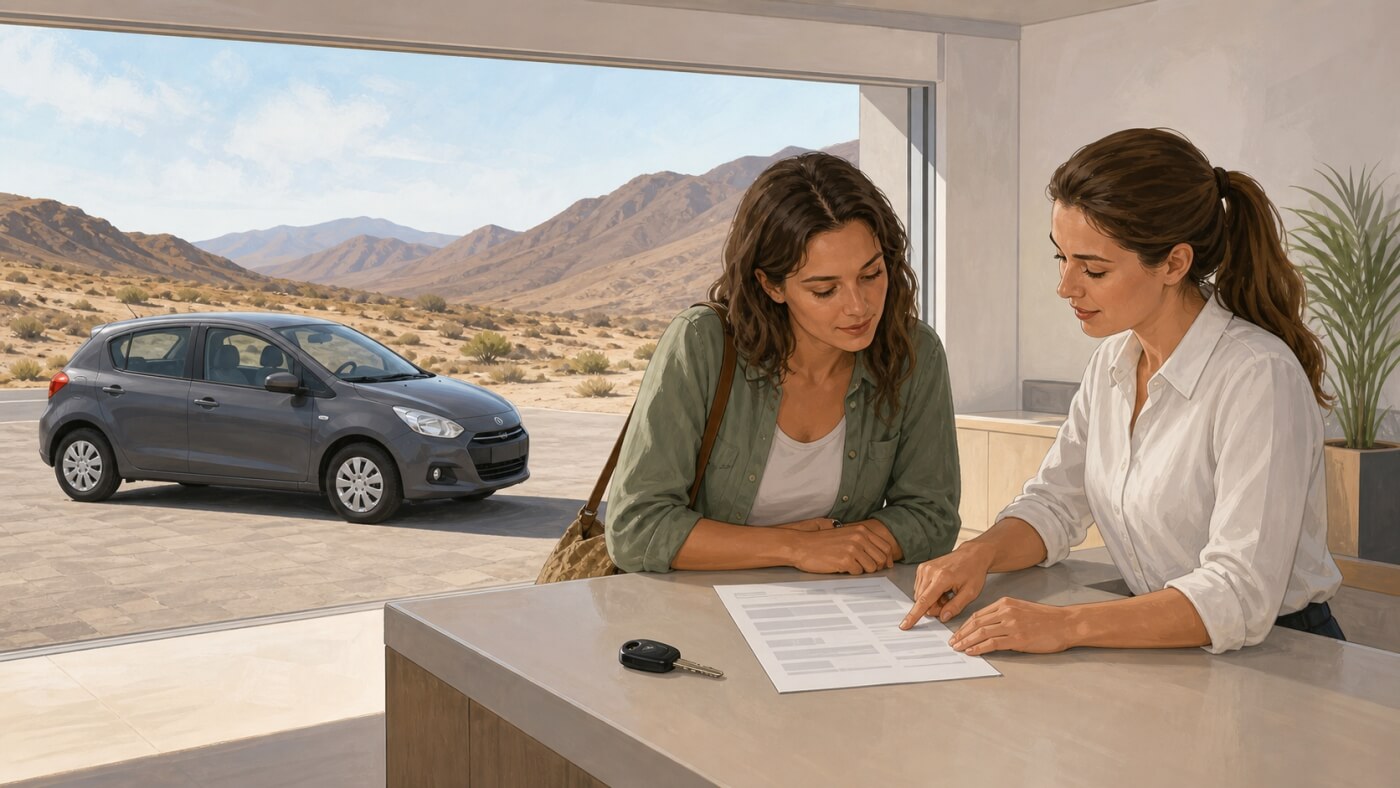 Voyageuse vérifiant son contrat avant de rejoindre Cofete en voiture de location
