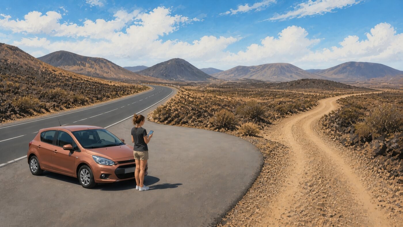 Conductrice vérifiant son itinéraire avant une piste non revêtue à Fuerteventura