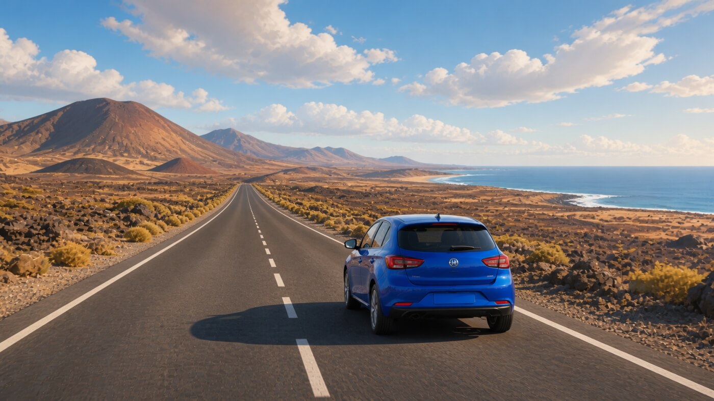 Voiture de location sur une route entre volcans et côte à Fuerteventura