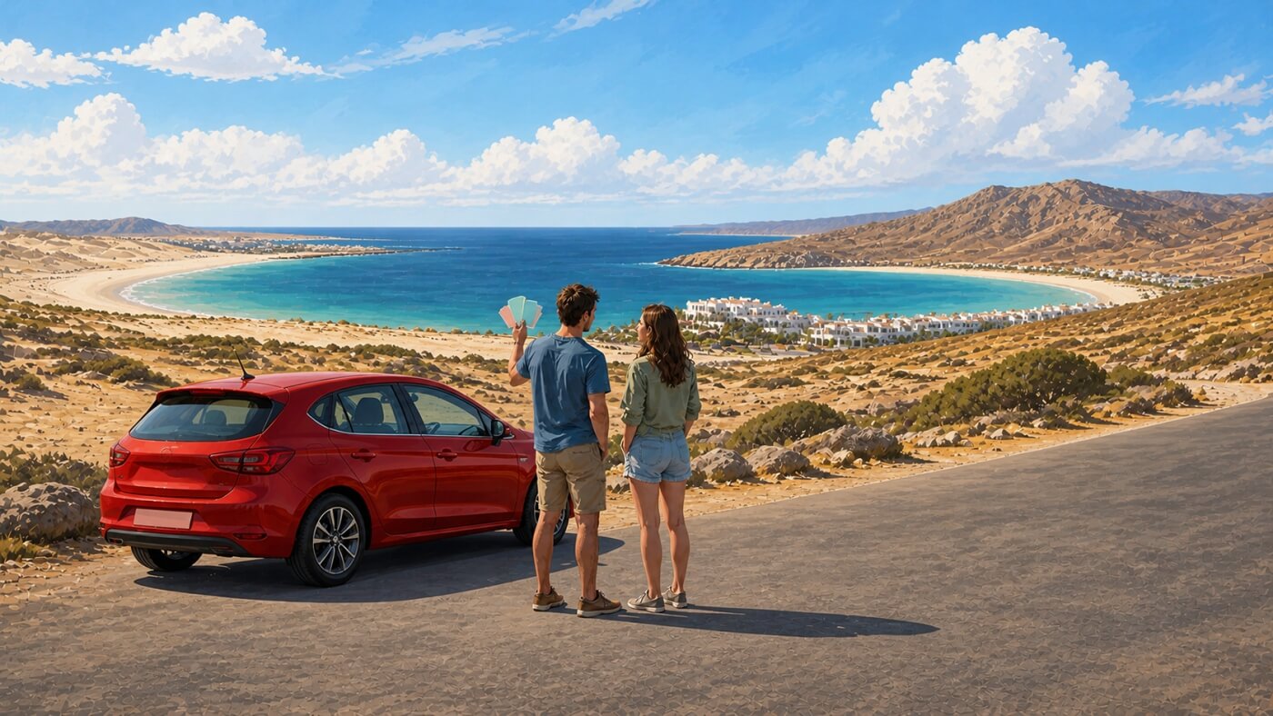 Voyageurs comparant trois zones de séjour à Fuerteventura près de leur voiture de location