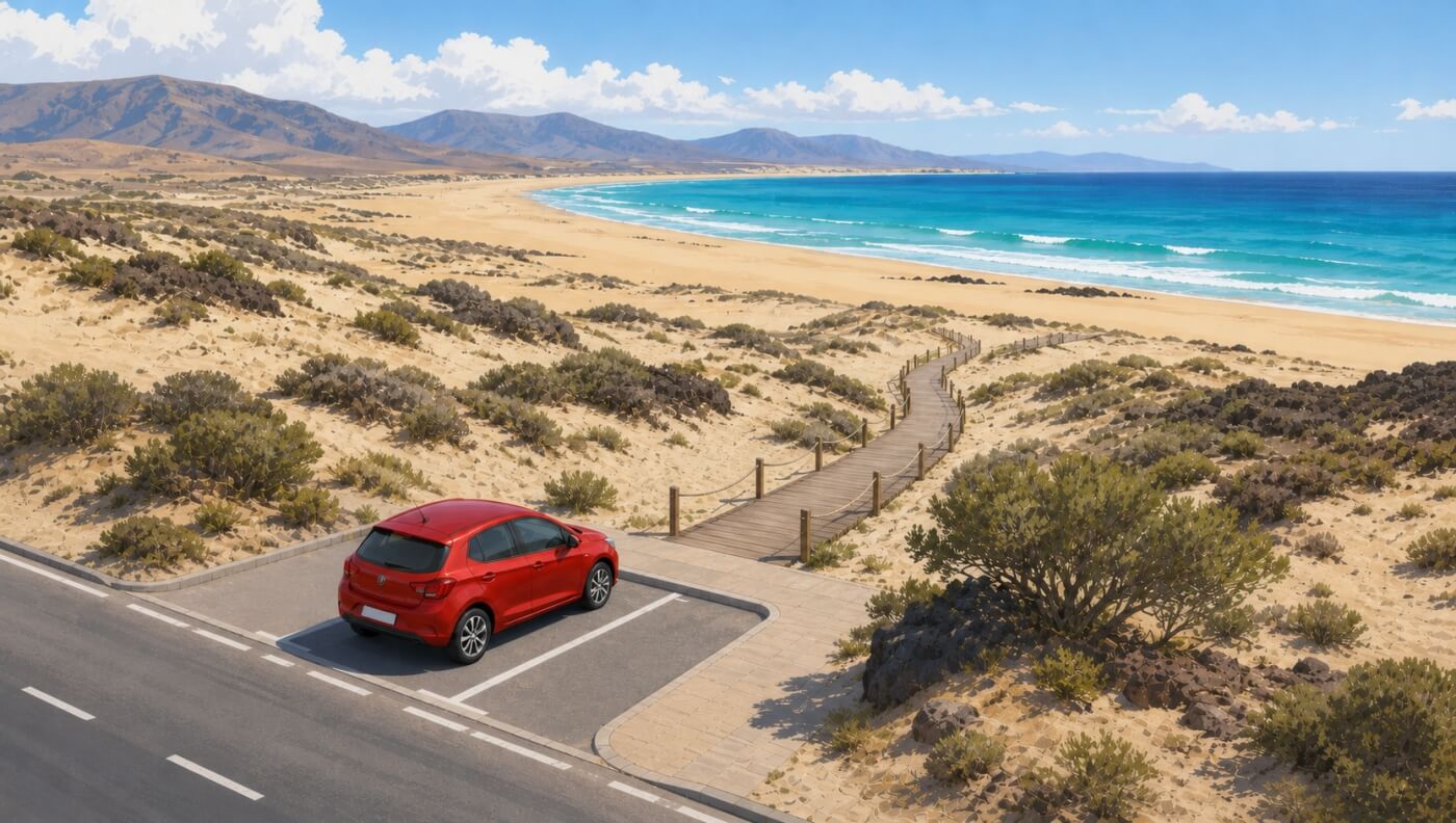 Voiture de location garée près d’une passerelle menant à une plage de Fuerteventura.