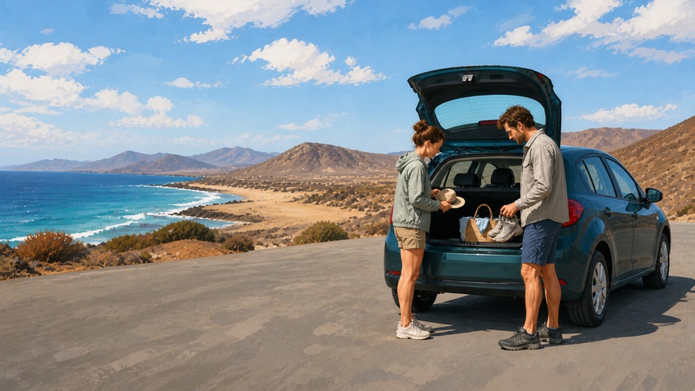 Voyageurs choisissant leur équipement selon la météo près d’une voiture à Fuerteventura
