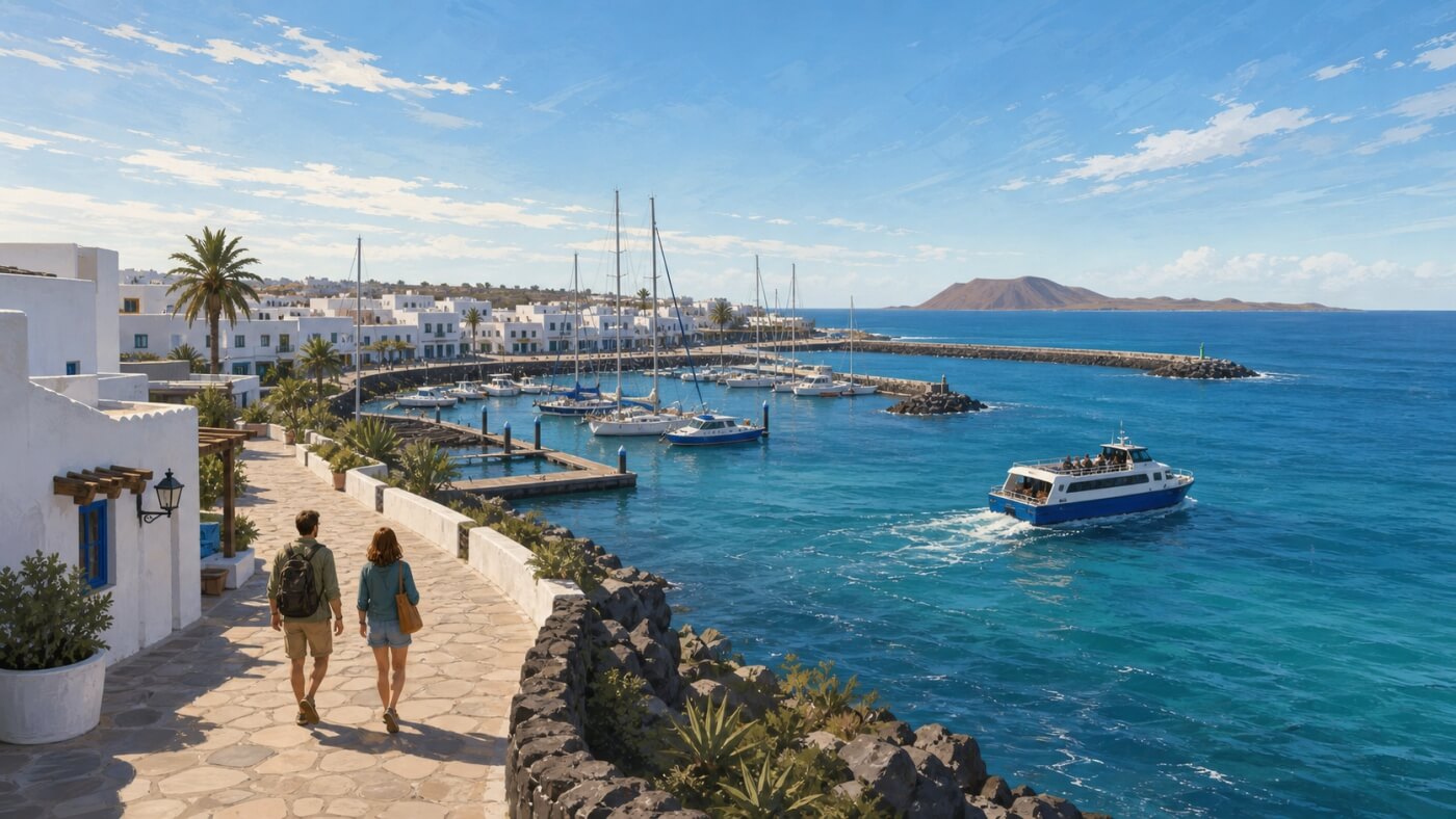 Voyageurs longeant le port de Corralejo avant le départ d’un bateau vers Lobos