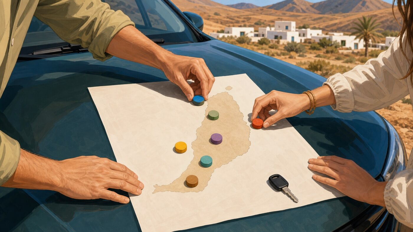Voyageurs organisant sept journées sur une carte de Fuerteventura posée sur le capot d’une voiture